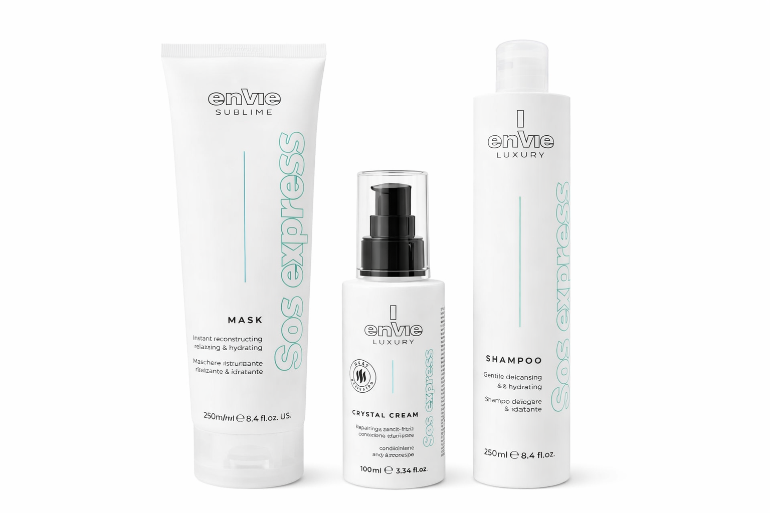 Kit sos express  – riparazione totale immediata per capelli danneggiati shampoo 250 ml + conditioner 250 ml + filler 100 ml Envie Luxury