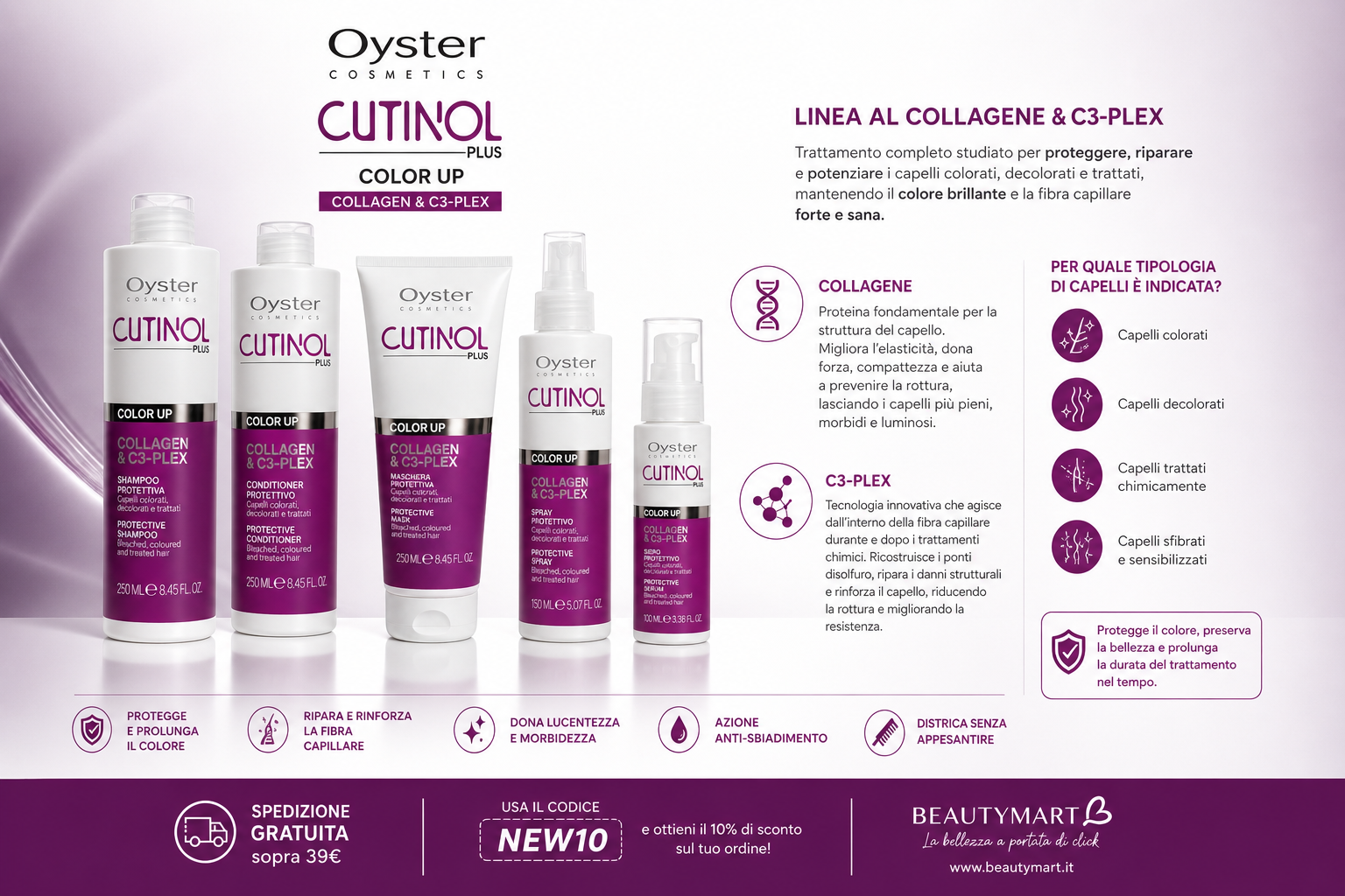 Shampoo protettivo per capelli colorati decolorati e trattati cutinol plus color - up 250 ml Oyster Cosmetics