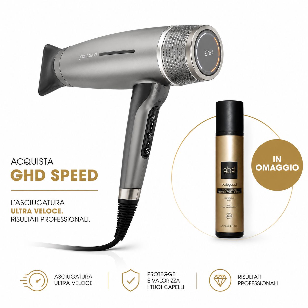 Nuovo GHD speed phon a ioni colore titanium  + omaggio termoprotettore Ghd 120 ml di € 29,00