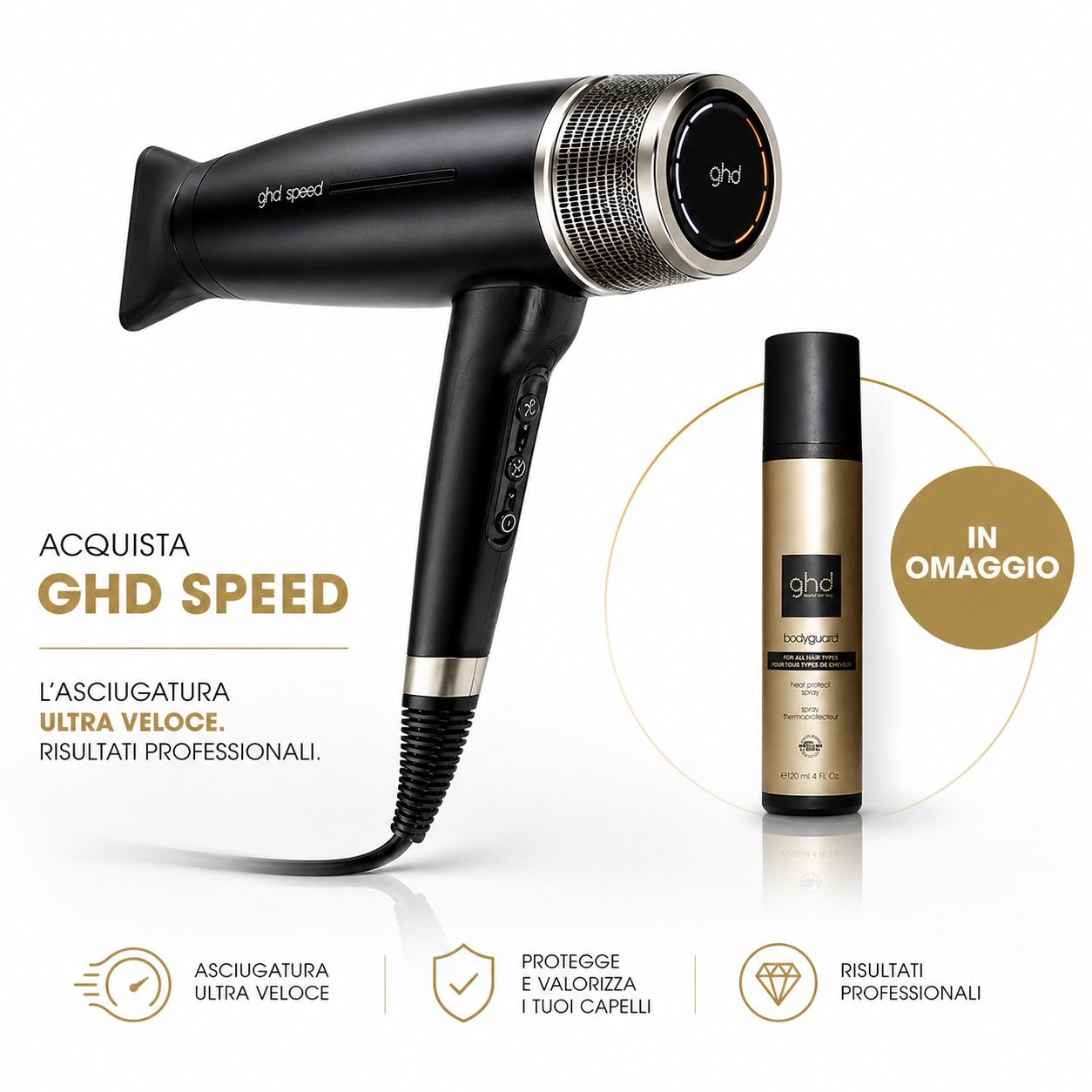 Nuovo GHD speed phon a ioni colore nero opaco + omaggio termoprotettore Ghd 120 ml di € 29,00